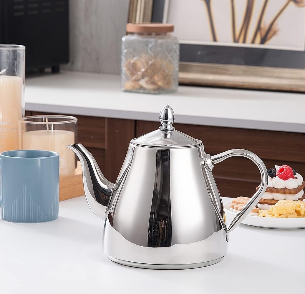 Stainless Steel Teapot 42oz 1.2L Tea Pot w Infuser Strainer Silver