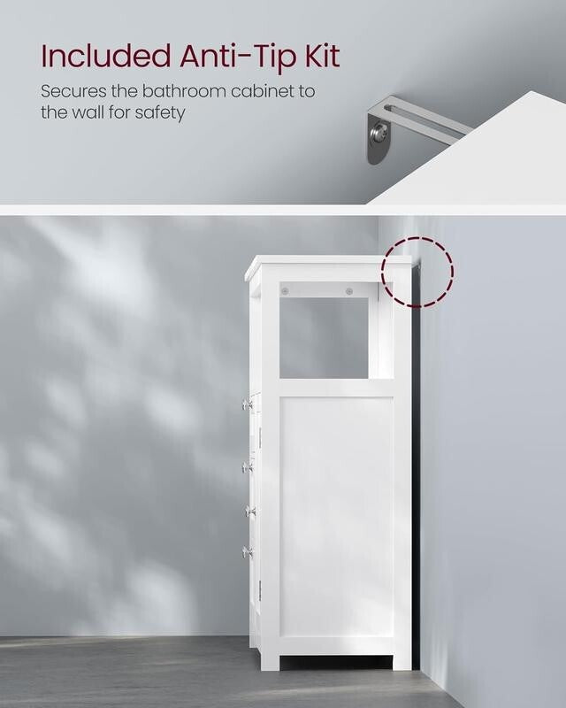 White Bathroom Storage Cabinet 3 Drawer 1 Door – Adjustable Shelf Cupboard