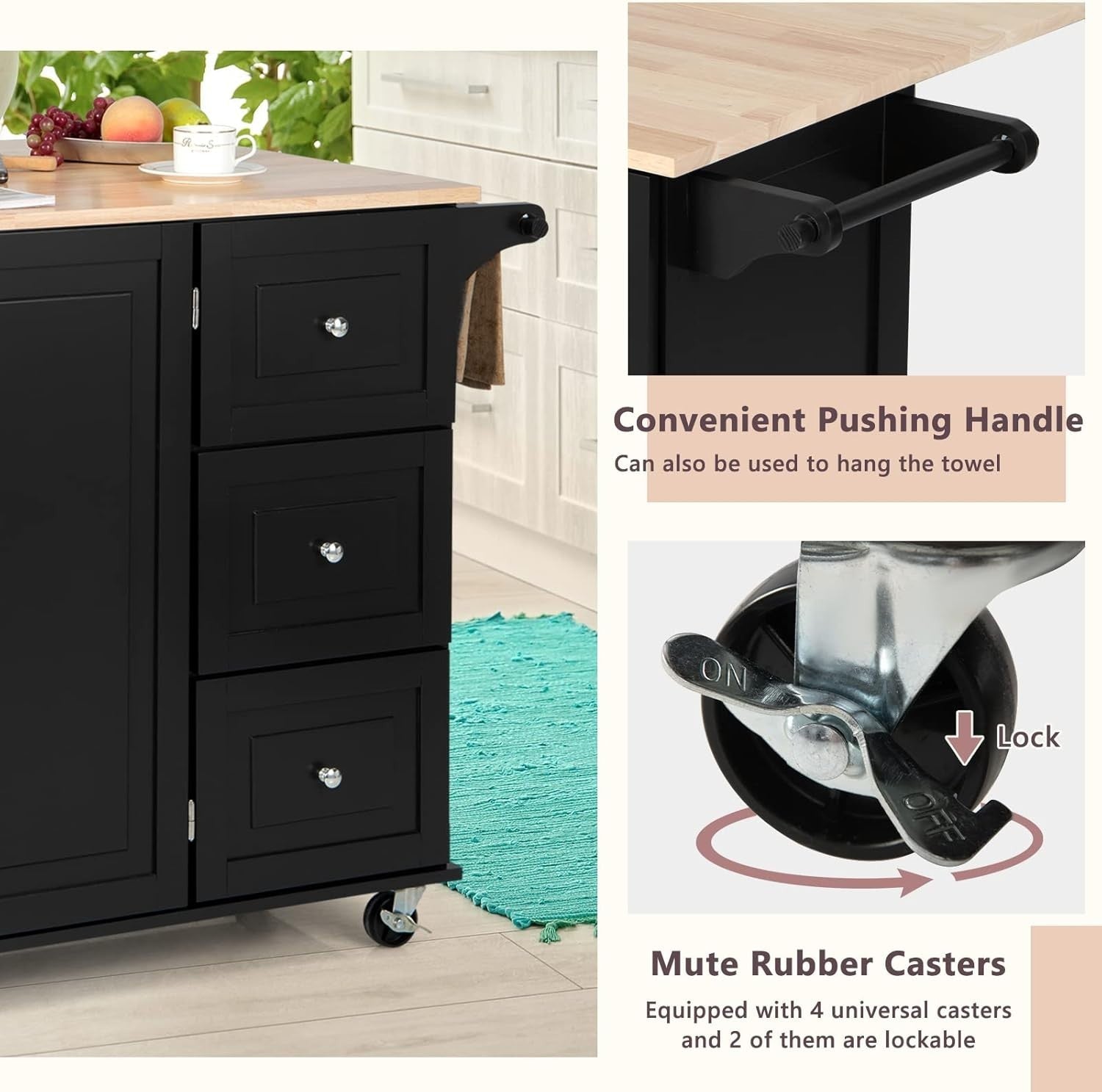 Rolling Kitchen Island Cart with Extendable Top, 3 Drawers & Shelves