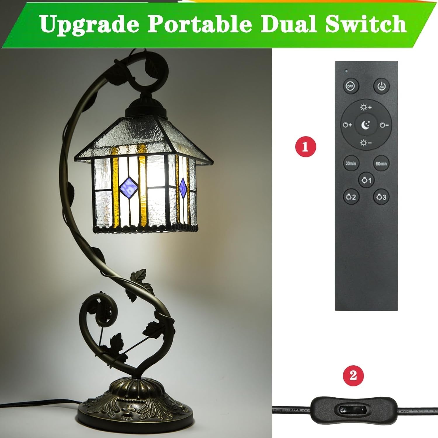 Stained Glass Table Lamp Remote Control Dimmable 3 Color Temp 28x20x52cm