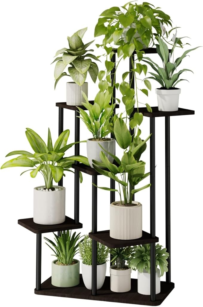 7 Tier Tall Metal Wood Plant Stand Indoor Outdoor Multi-Level Flower Shelf