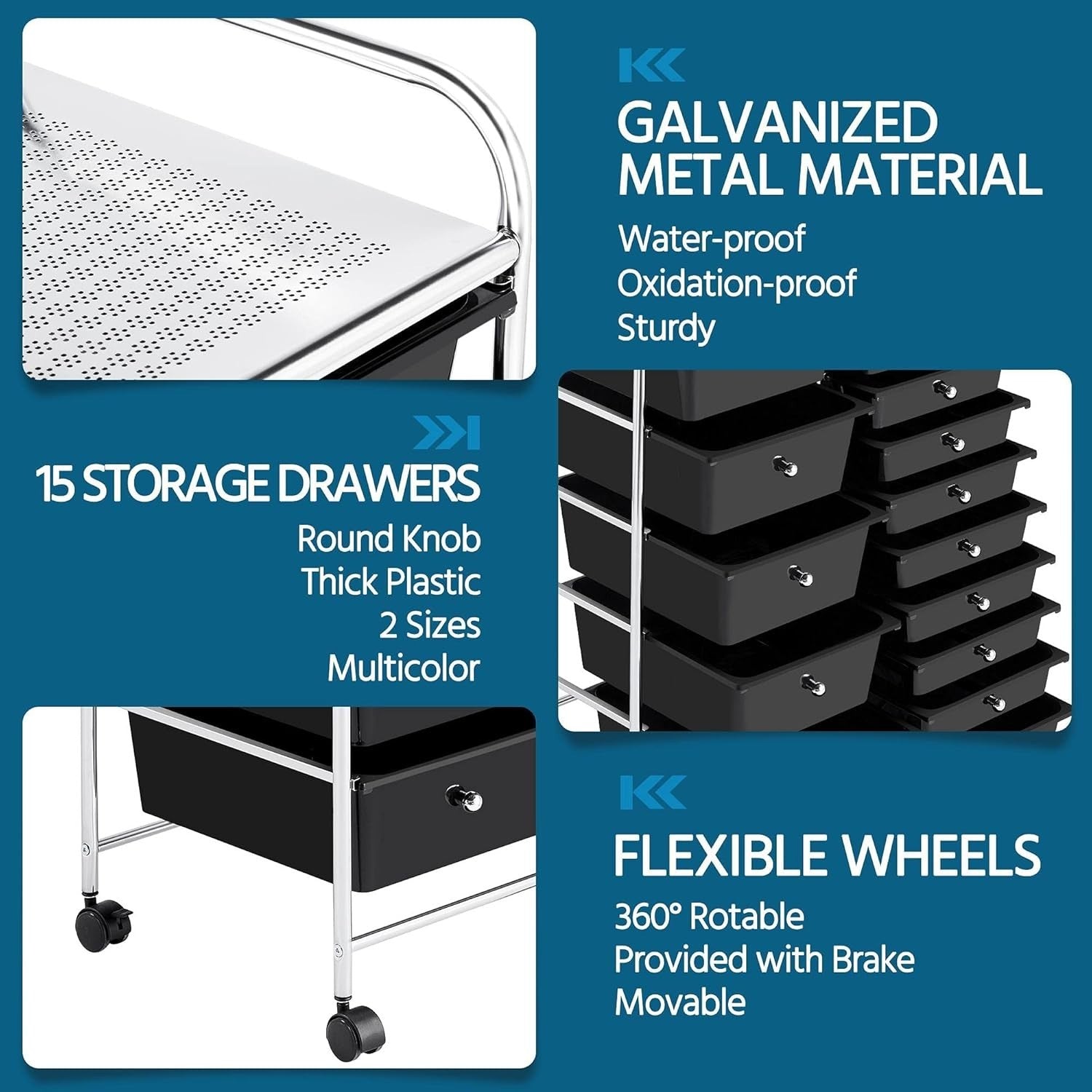 15 Drawer Rolling Storage Cart Organizer Trolley on Wheels Black