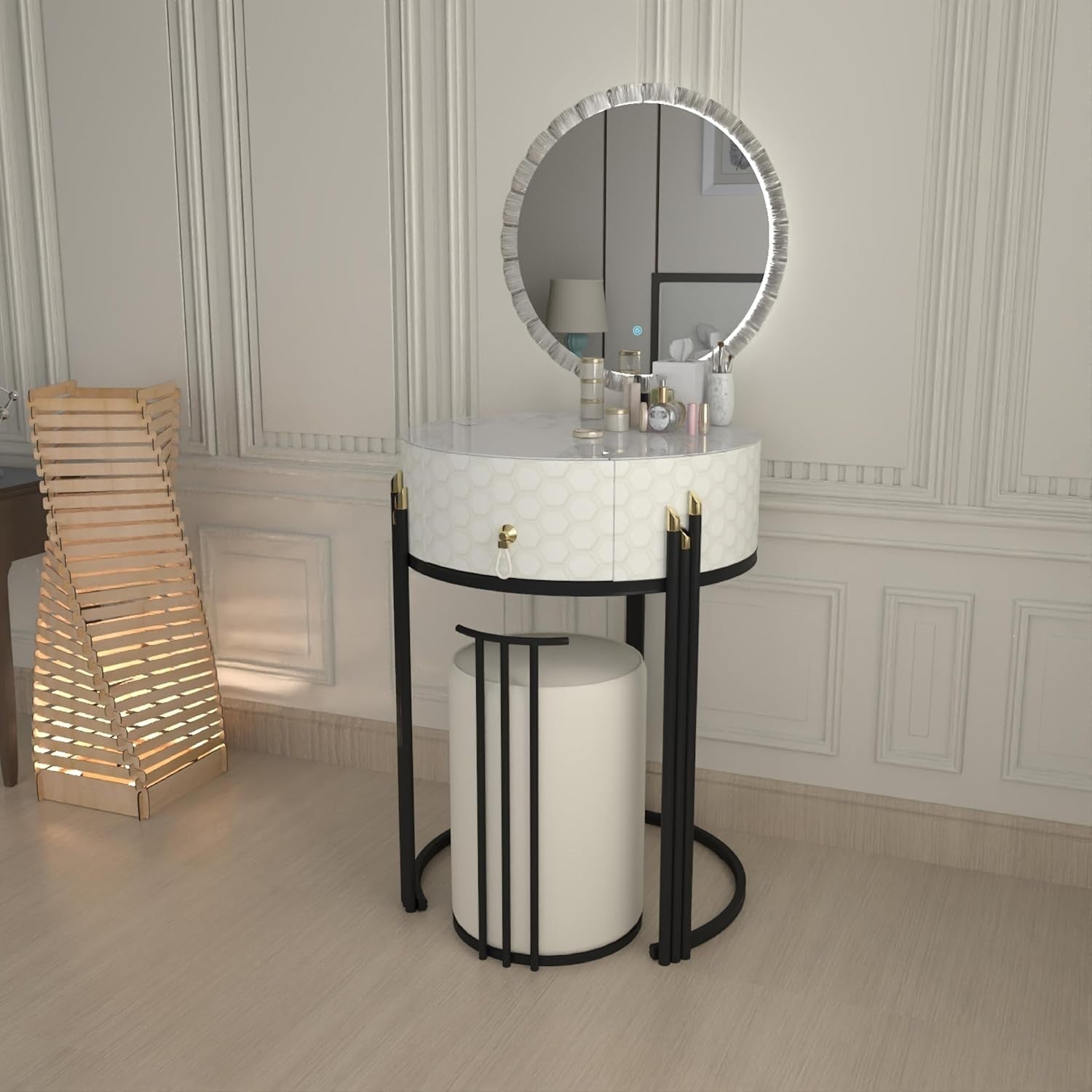 White Modern Dressing Table Vanity Set High Gloss Finish Mirror & Stool