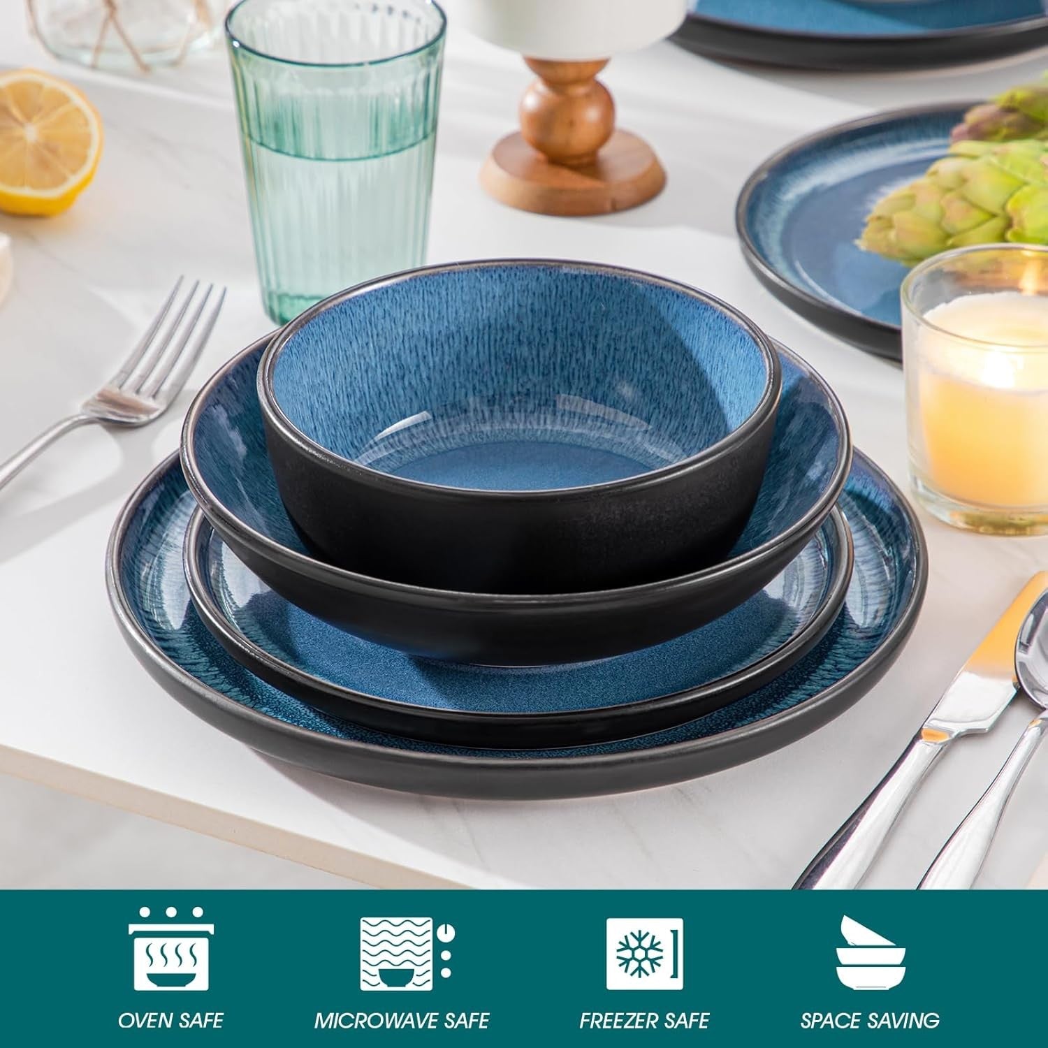 48pc Blue Dinner Set Plates Bowls Stoneware Reactive Glaze Service for 12