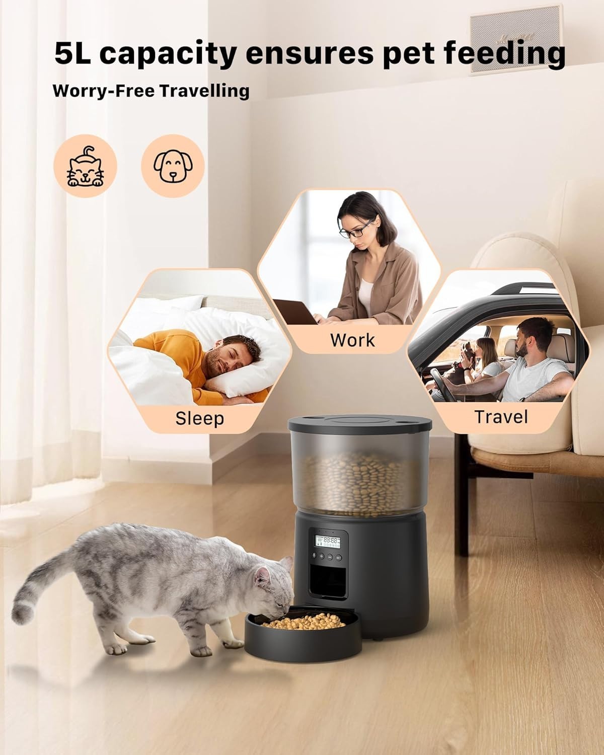 Automatic Cat Feeder 5L Timer Food Dispenser 6 Meal Voice Recorder Lock