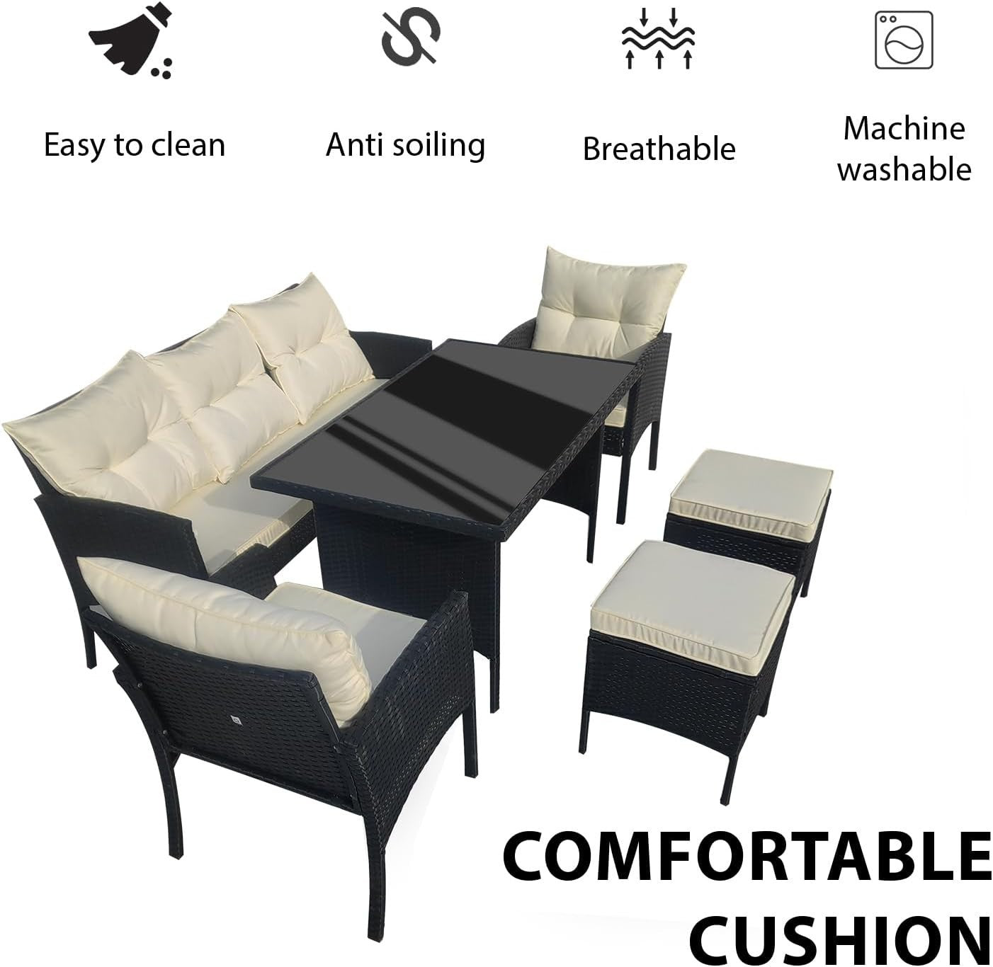 Black Rattan Garden Furniture Set 6 Seater Cushions Sofa Outdoor Patio