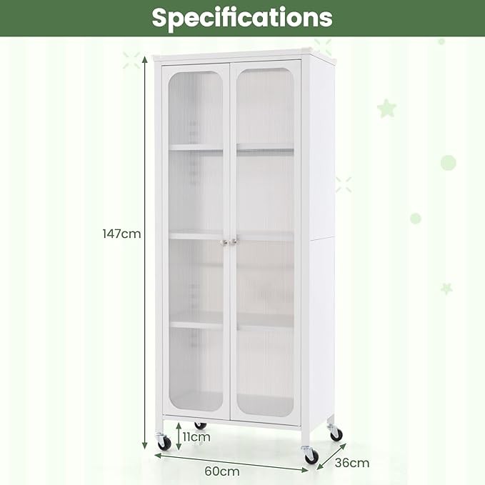 White Metal Storage Cabinet with Translucent Doors, Adjustable Shelves & Wheels