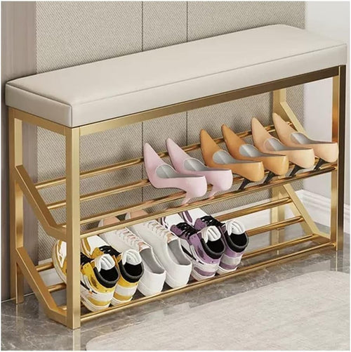 Entryway Shoe Bench 2-Tier Storage Metal Rack Padded Seat Organizer