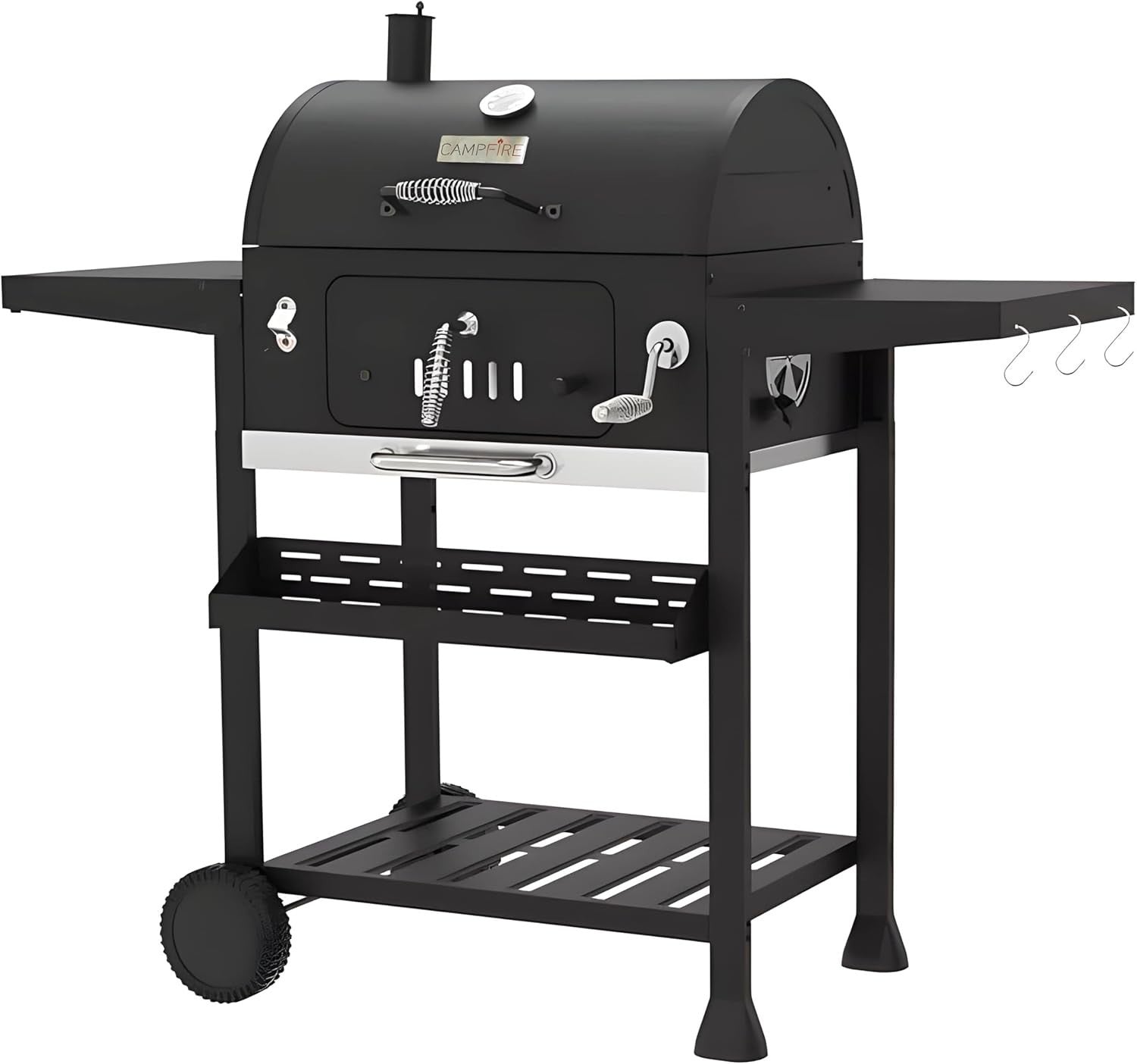 XL Outdoor Charcoal BBQ Smoker Grill with Thermometer & Side Tables
