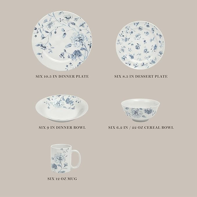 30pc Floral Porcelain Dinnerware Set Service for 6 Plates Bowls Mugs Blue