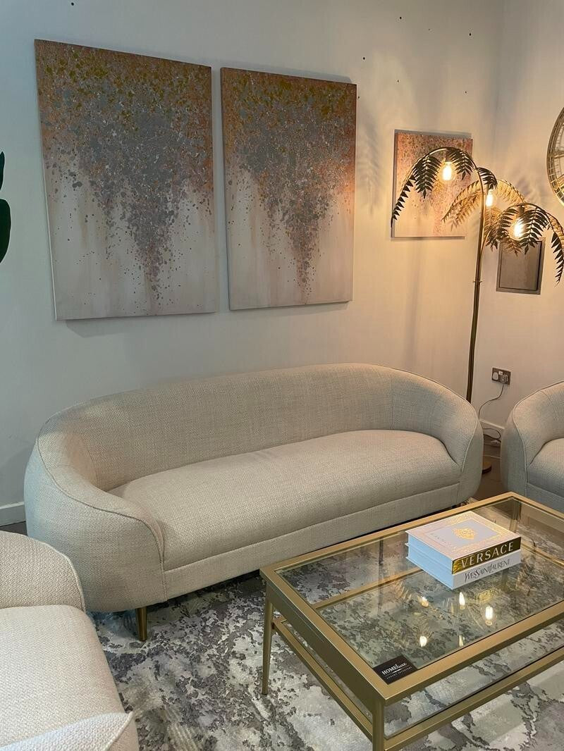 3+2+1 Oatmeal Fabric Sofa Set Gold Legs Curved Armchairs Living Room