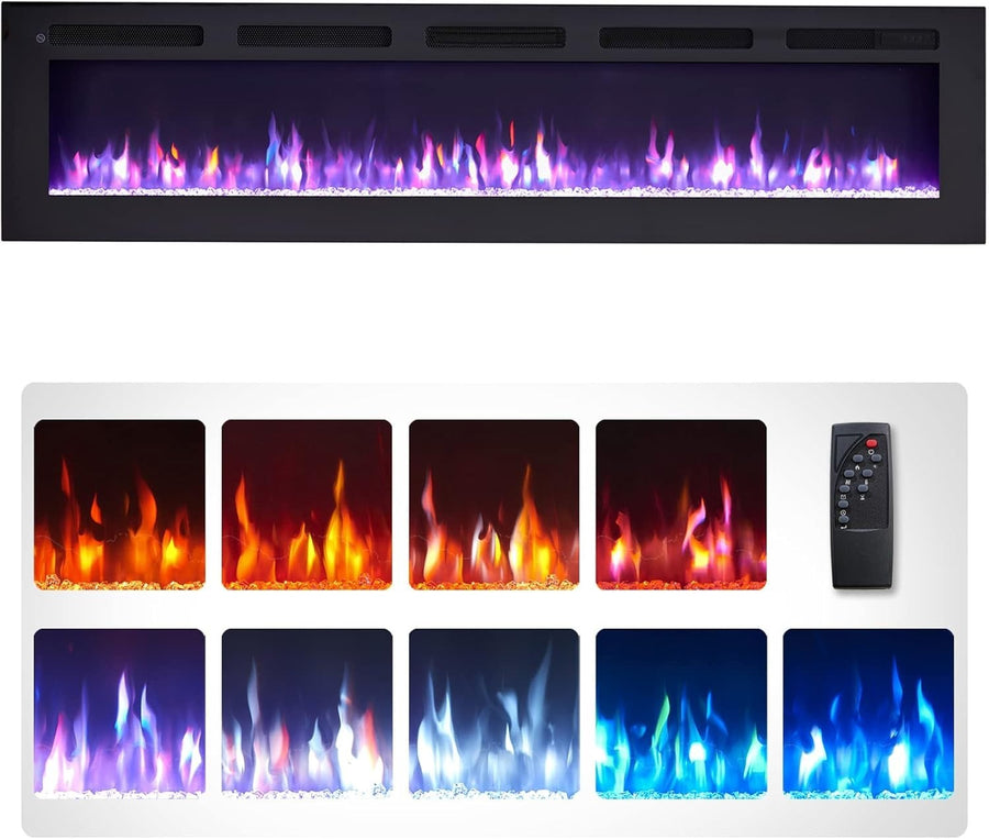 70" Wall Mounted Electric Fireplace Heater Recessed LED Flame Remote