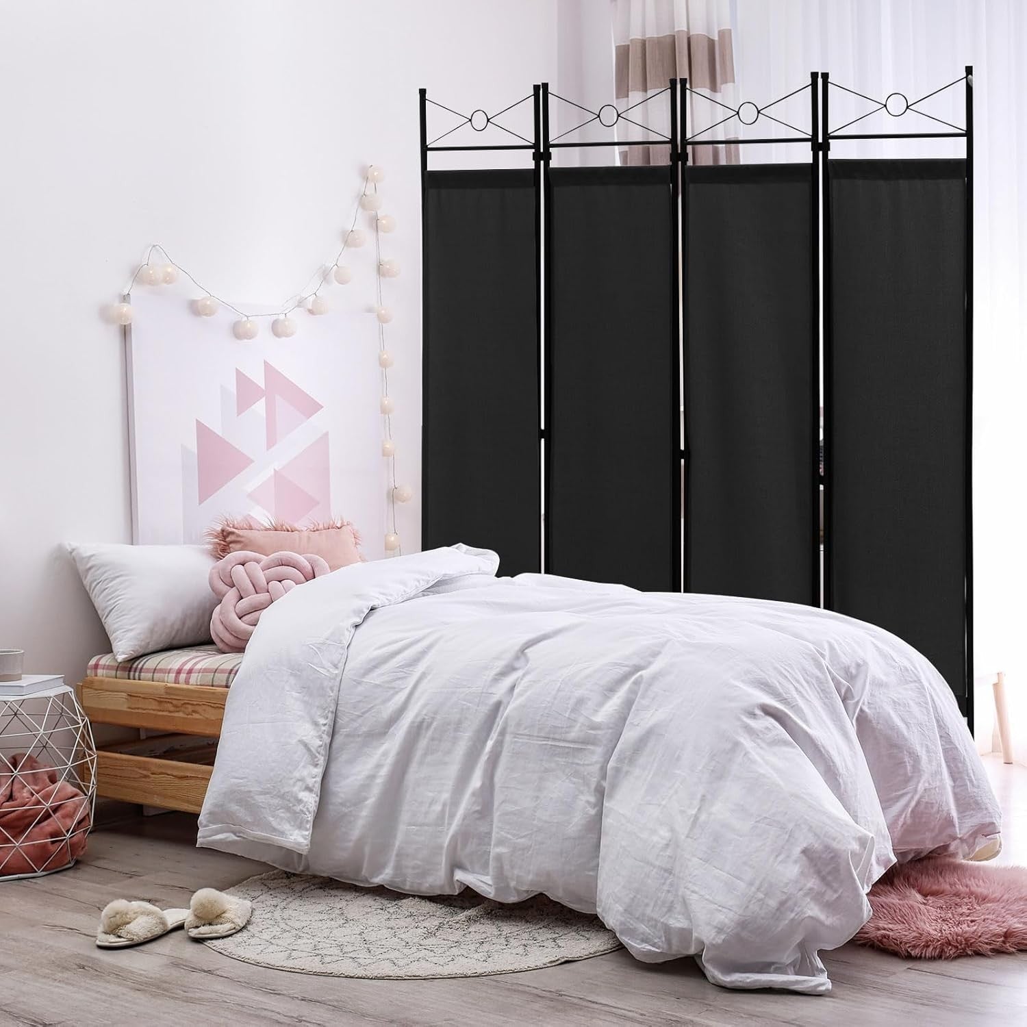4 Panel Black Folding Room Divider Screen Privacy Partition for Bedroom Office