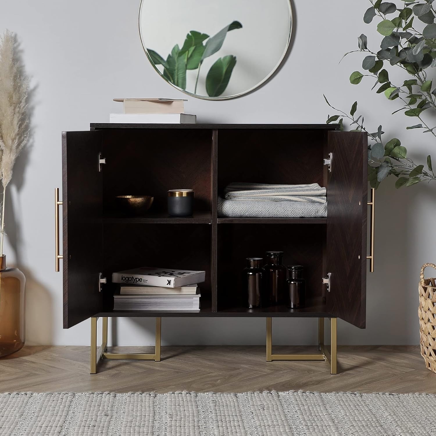 Dark Wood Sideboard Storage Cabinet with Gold Handles, Modern 2-Door Buffet