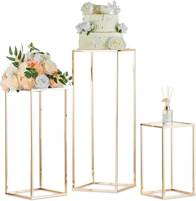 3 Pcs Gold Metal Flower Stand Set Tall Geometric Wedding Party Display Stands