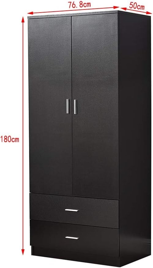Black 2 Door Wardrobe with Hanging Rail & 2 Drawers Durable Bedroom Closet
