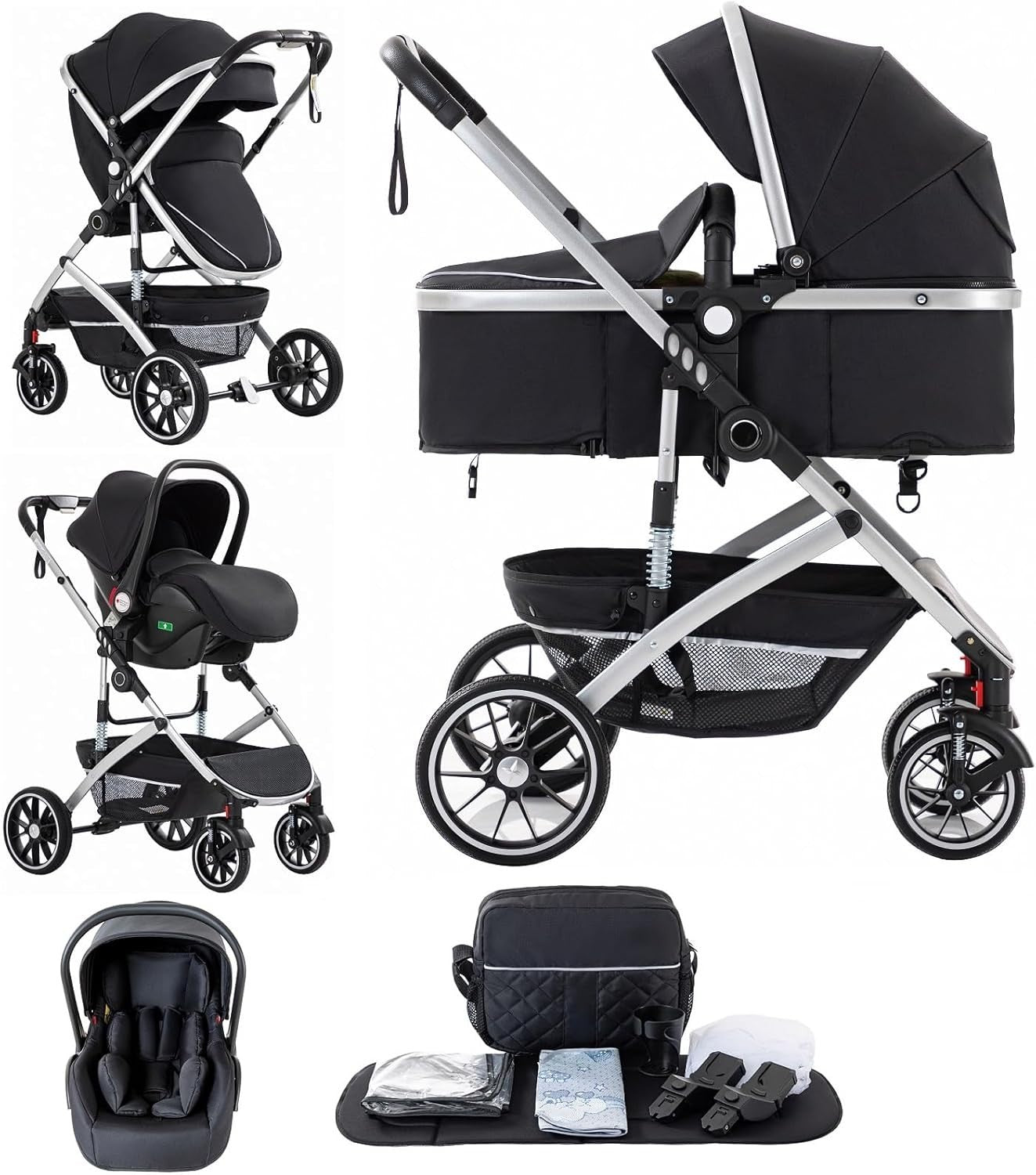 3 in 1 Travel System Pram Pushchair Car Seat Newborn to 4 Years Black