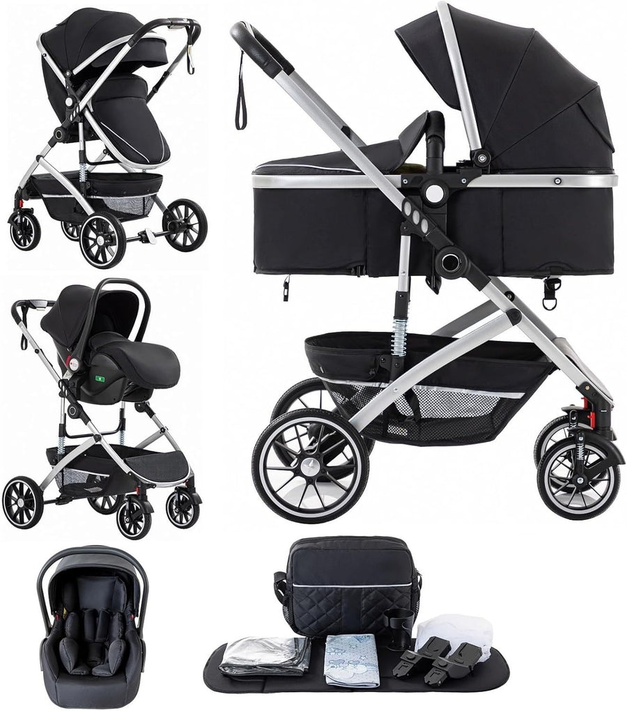 3 in 1 Travel System Pram Pushchair Car Seat Newborn to 4 Years Black
