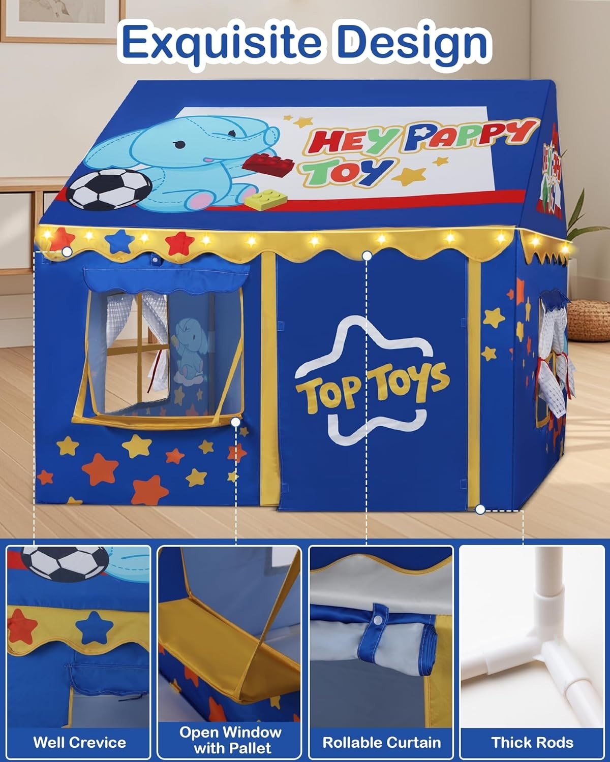 Kids Indoor Outdoor Play Tent w Lights Toy Set 3 Windows Large