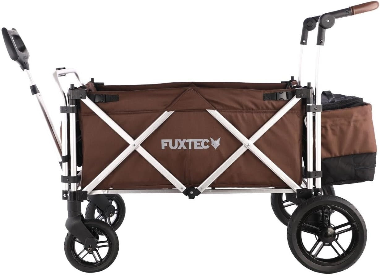 Brown 2-Seater Folding Stroller Wagon Kids Push Pull All-Terrain Cart w/ Canopy
