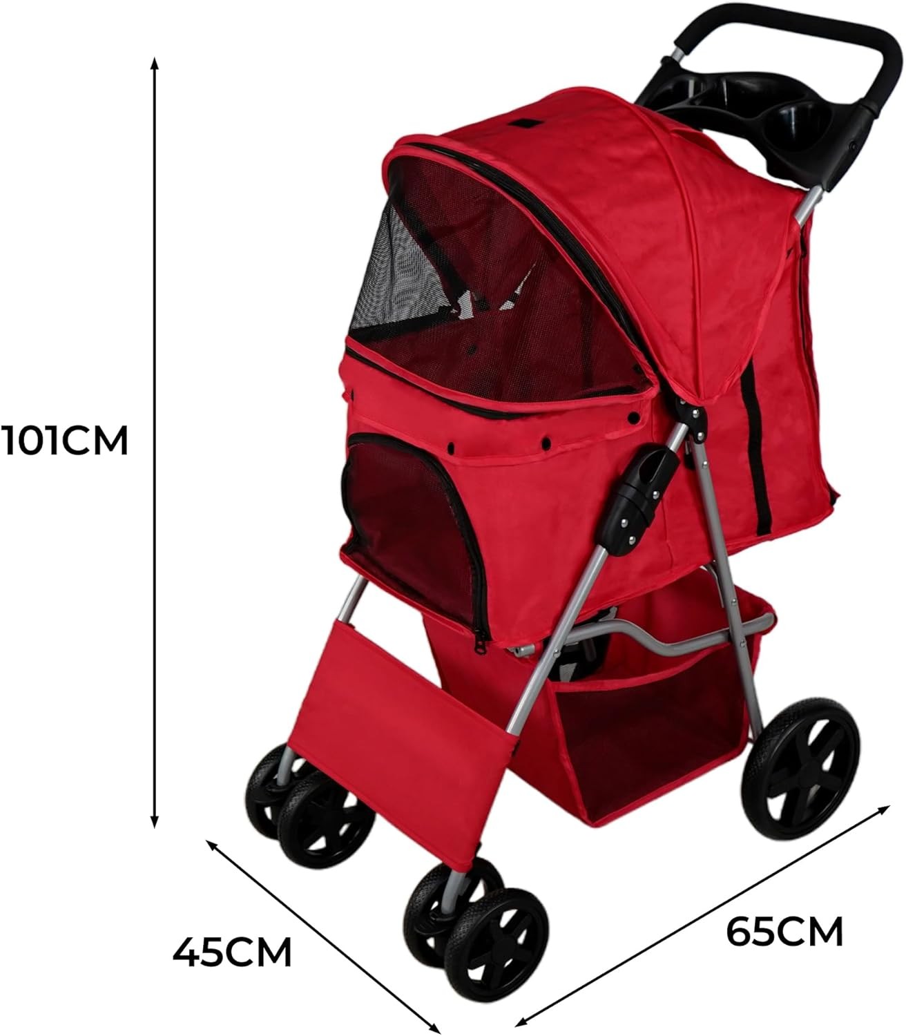 Red Pet Stroller Pushchair Foldable Dog Cat Pram 15kg with Brakes