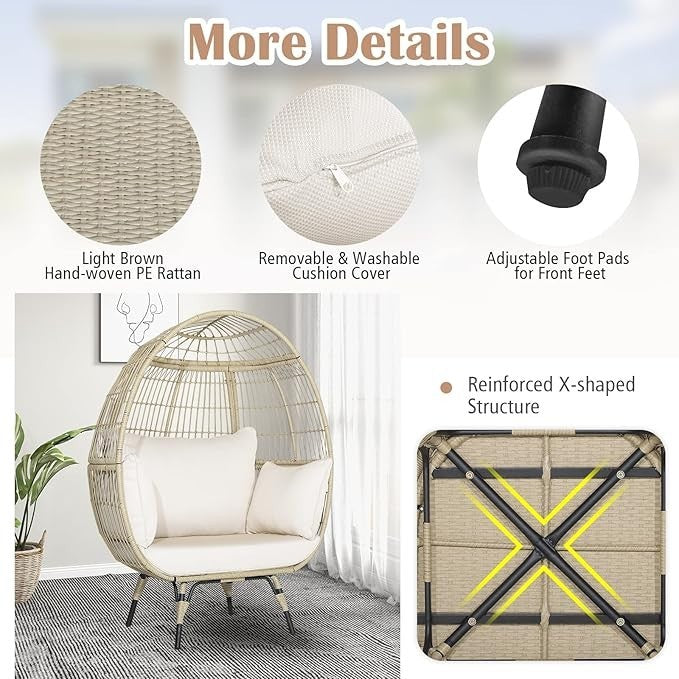 Oversized Rattan Egg Chair with Cushions Indoor Outdoor Lounge Seat 180kg