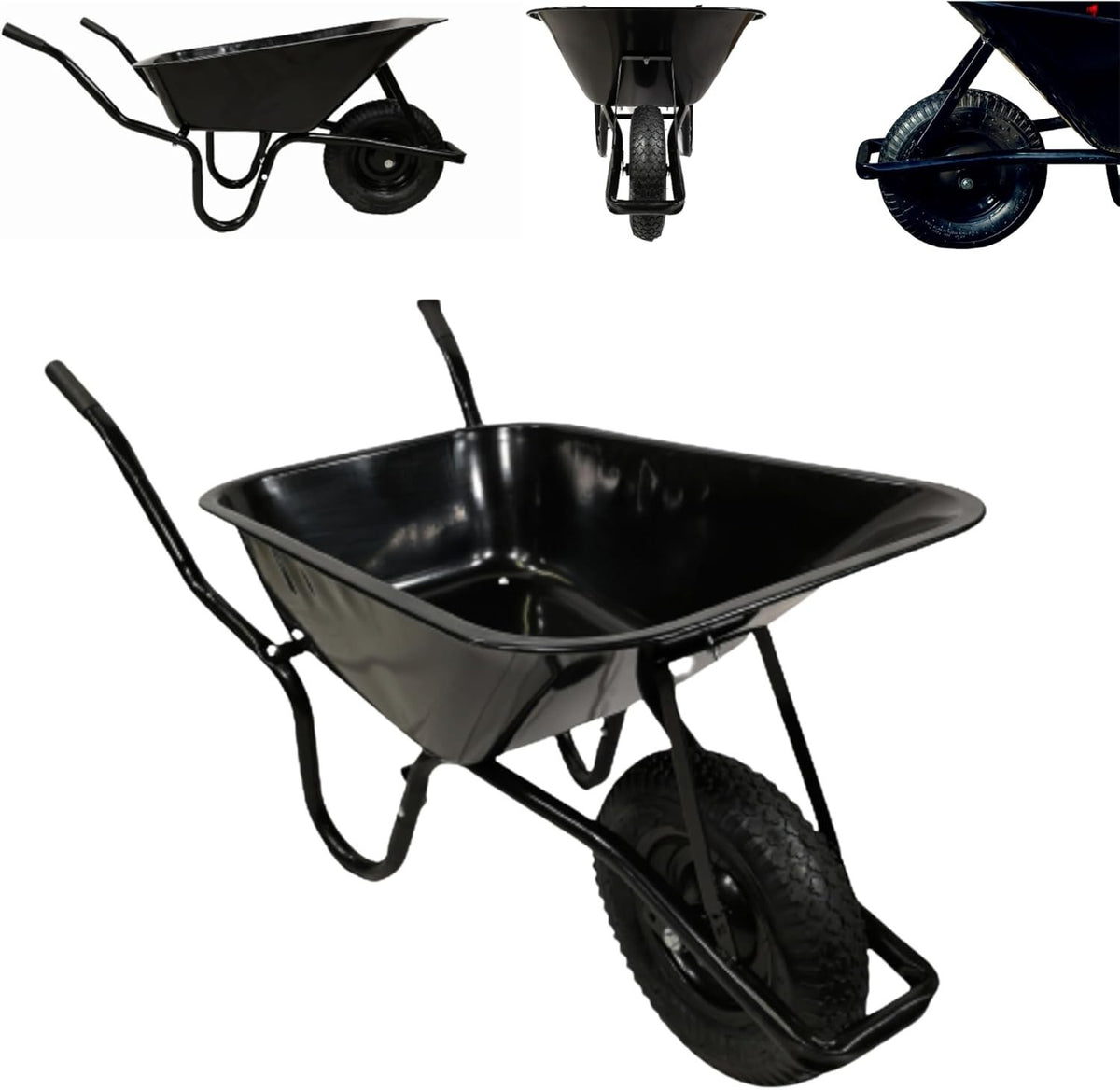 90L Black Galvanised Wheelbarrow – Steel Frame w/ Pneumatic Tyre 150kg Capacity