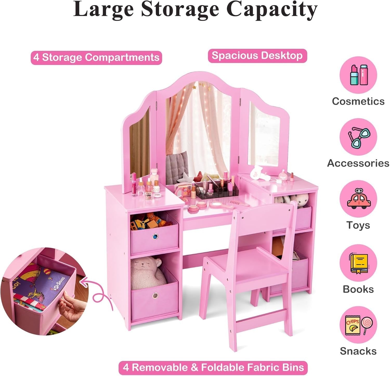 Kids Vanity Table with Tri-Folding Mirror & Storage Bins, Pink Wooden Set