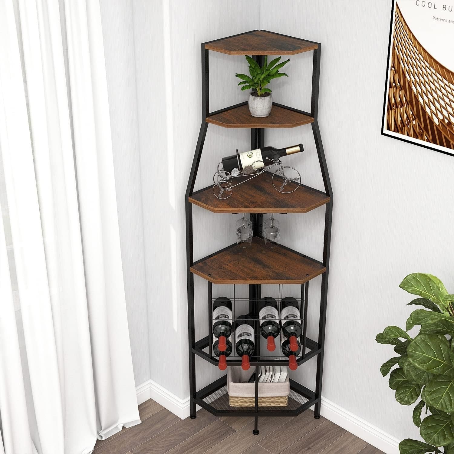 Corner Wine Rack Bar Cabinet with Glass Holder & 5-Tier Display Shelves – Brown