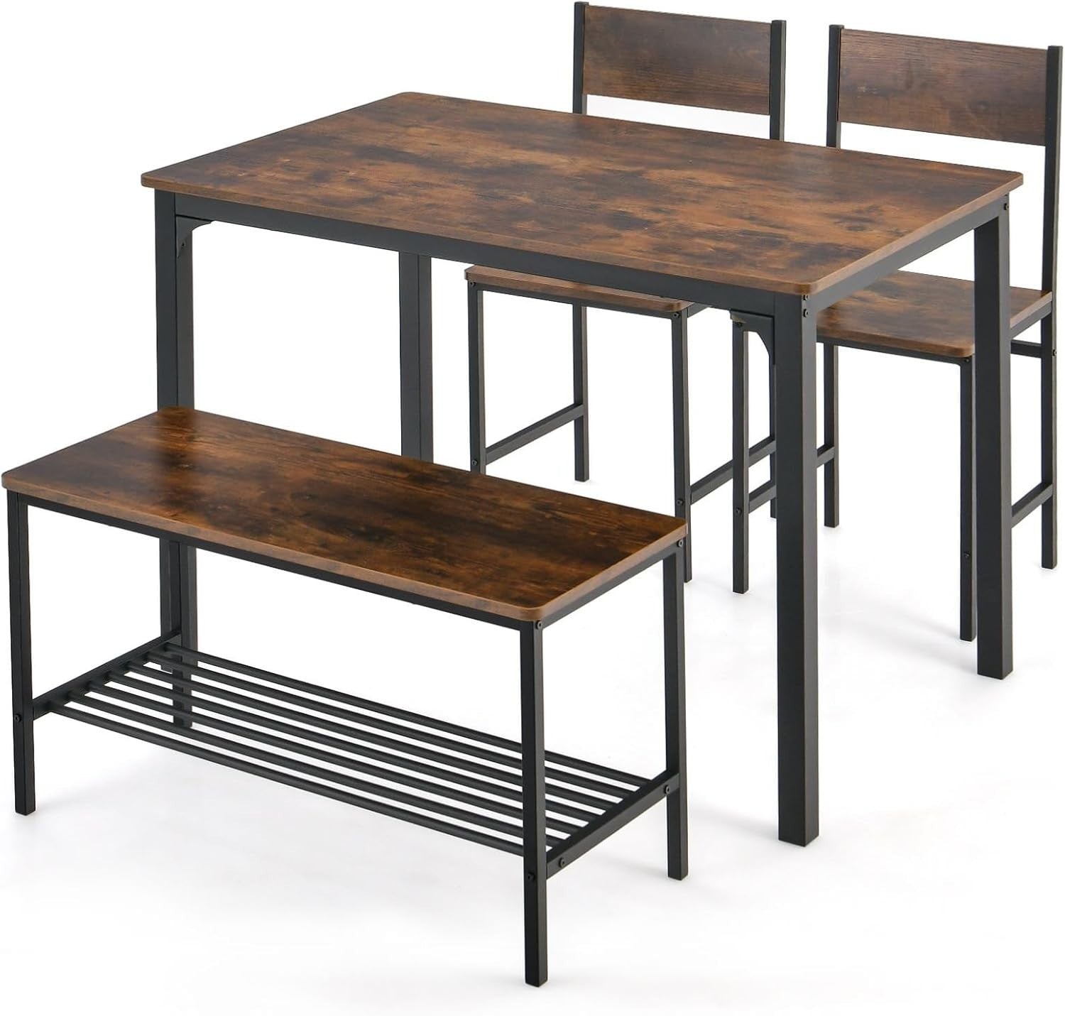 Rustic Brown Industrial Dining Set with Bench & Storage Shelf – Seats 4