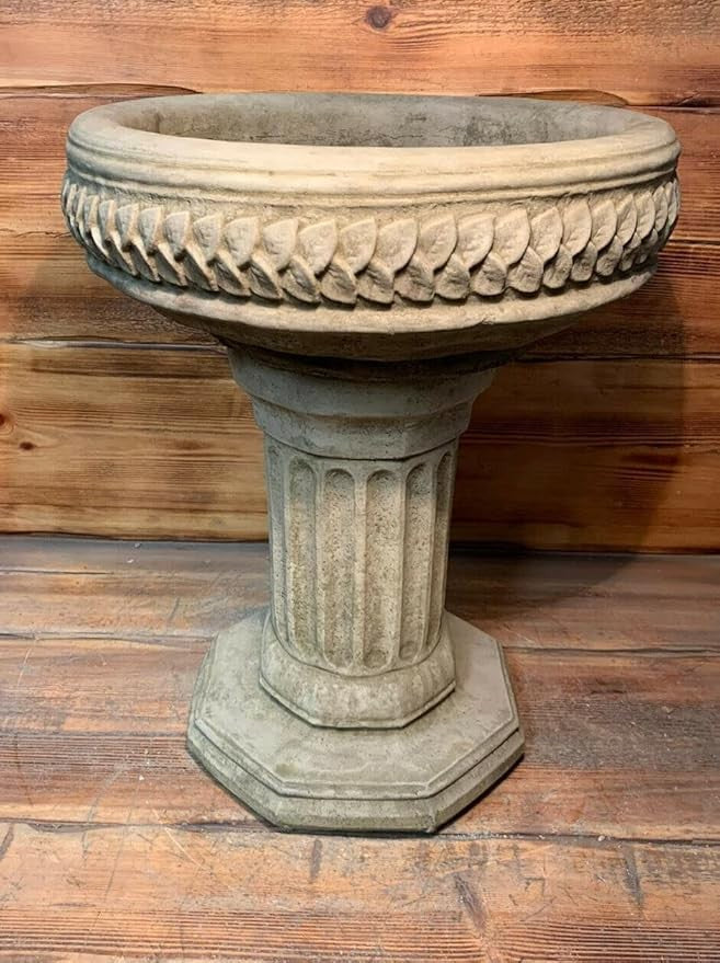 Stone Garden Bird Bath – Hexagonal Art Deco Leaf Vine Design Outdoor Ornament