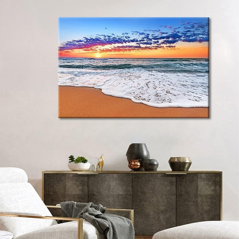 Large Beach Sunset Canvas Wall Art 36x24in Framed Seascape