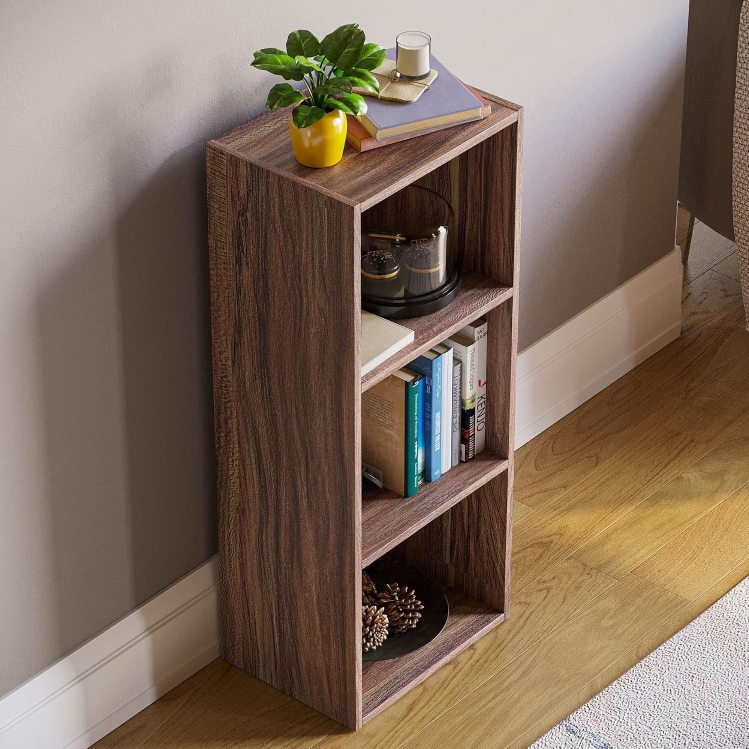 3 Tier Walnut Wooden Cube Bookcase Small Storage Shelf for Living Room Office