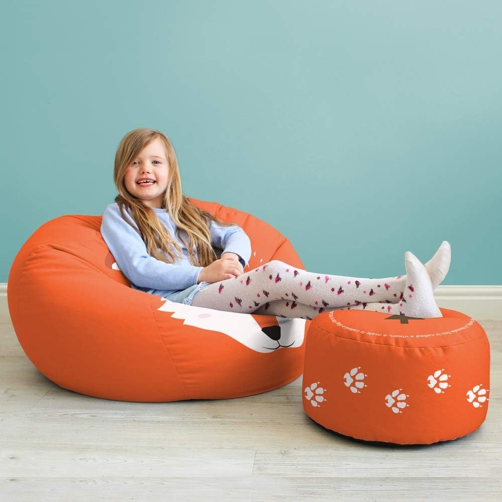 Kids Fox Bean Bag Chair with Footstool | Toddler Safe Seat Playroom