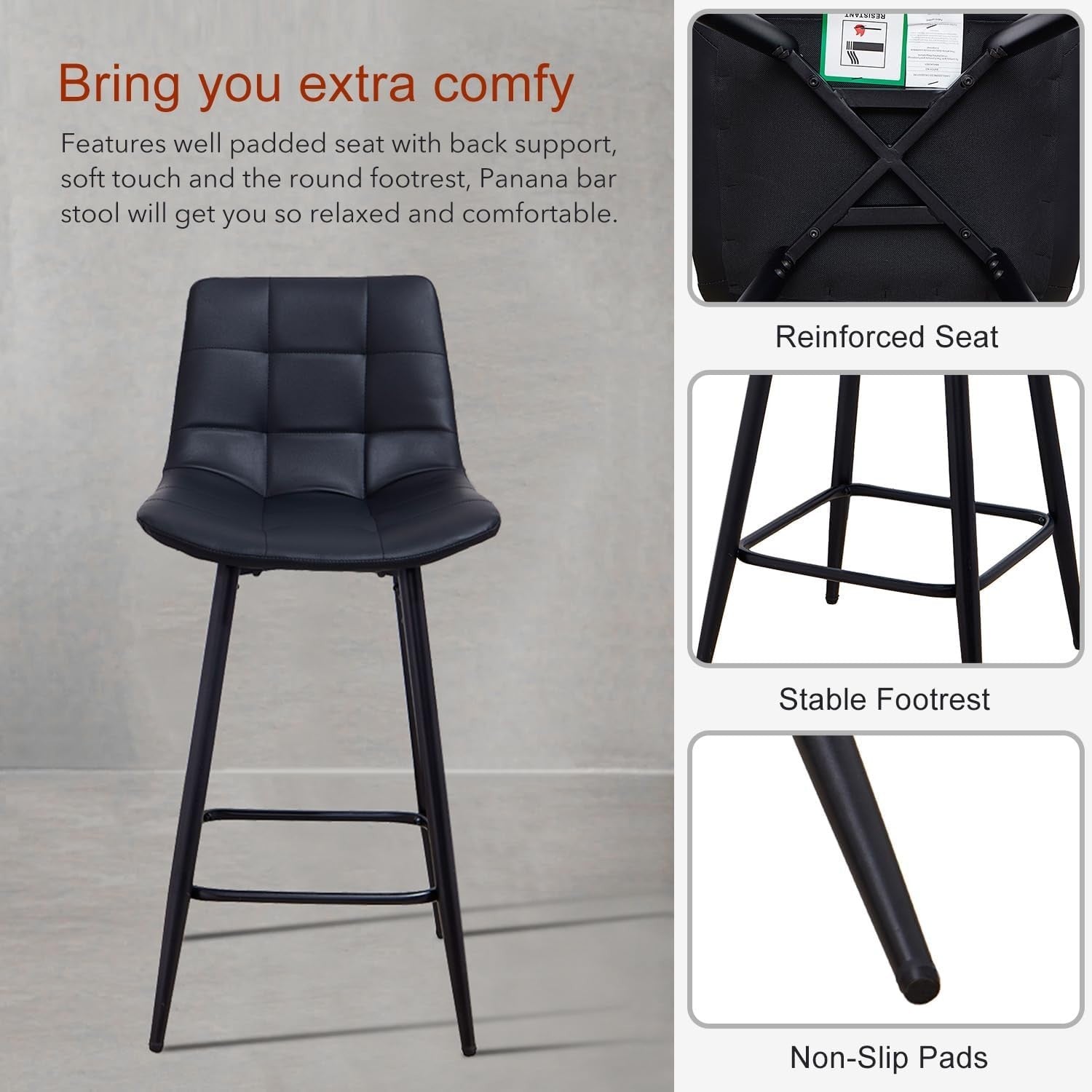 Black Faux Leather Bar Stools Set of 2 – Padded Kitchen Chairs