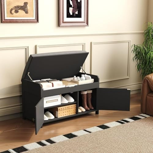 Black Shoe Storage Bench with Cushion Seat 2-Door Cabinet Entryway 76x39x46cm