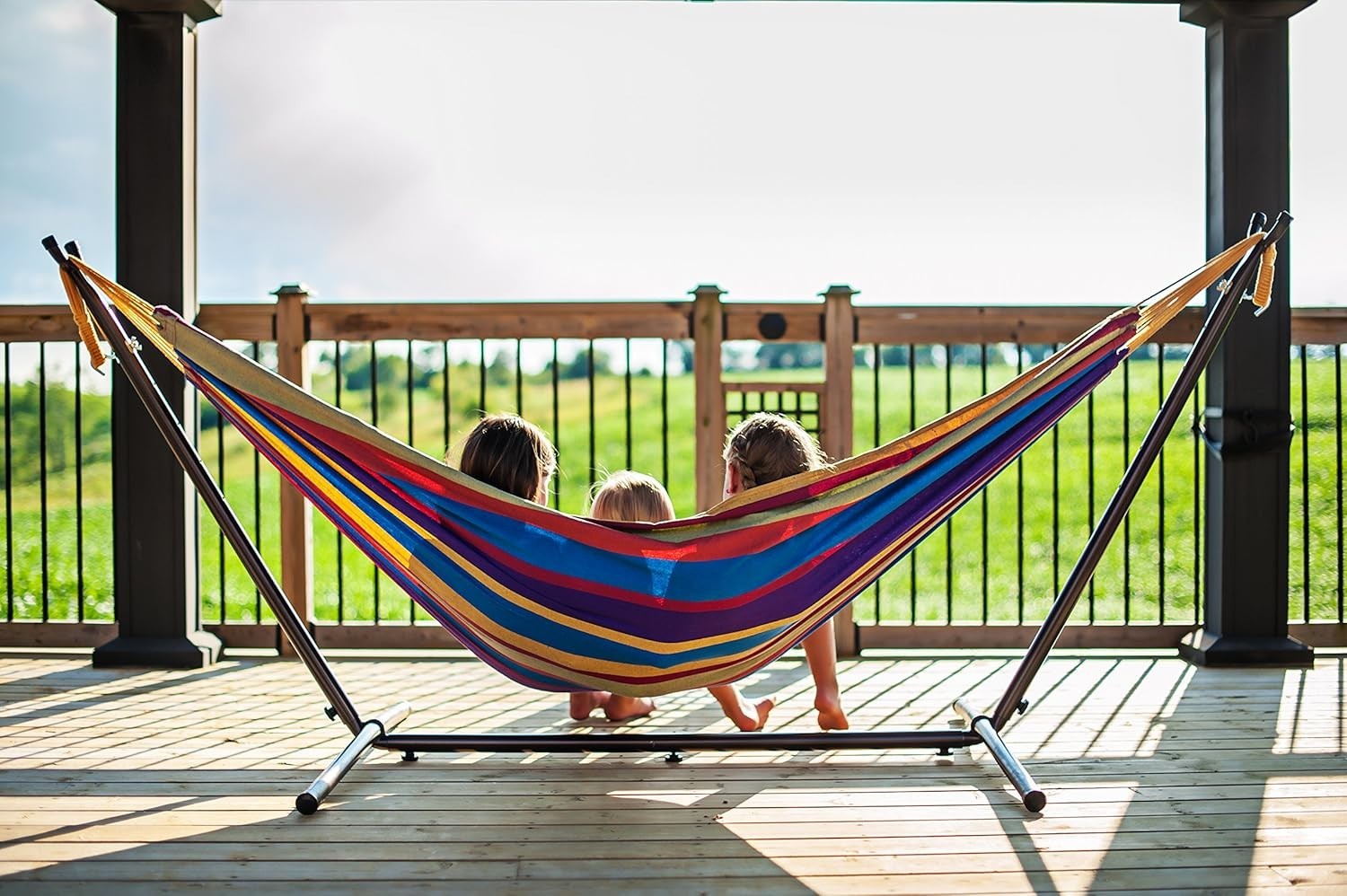 Tropical Double Cotton Hammock with Stand 205kg Capacity Adjustable Indoor