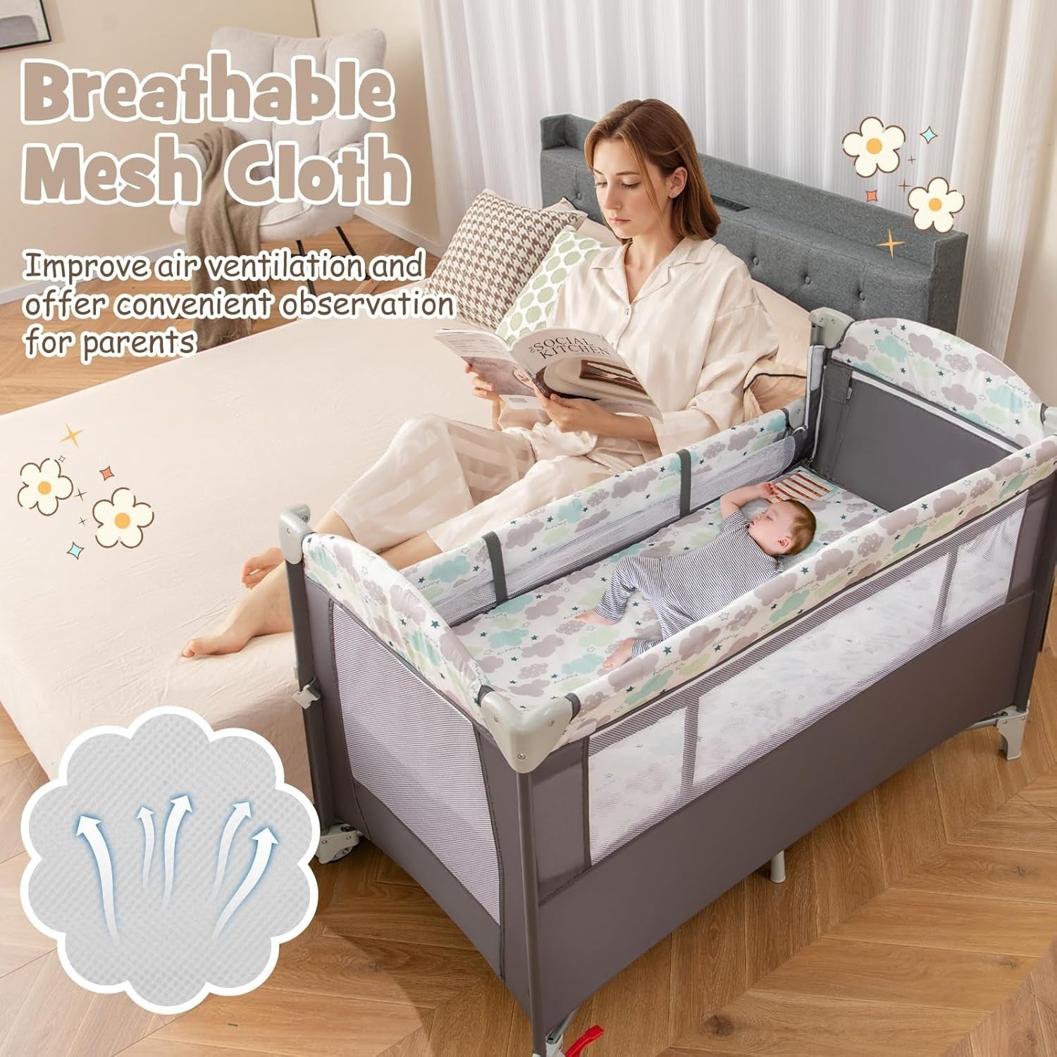 5in1 Baby Travel Cot Bedside Crib Bassinet w/ Mattress Changer Music Toys Grey