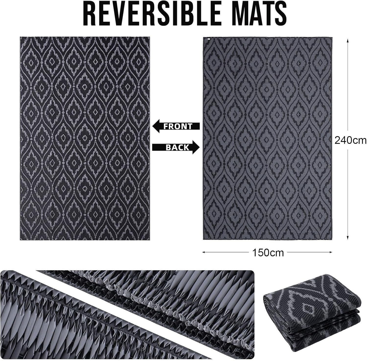 Reversible Outdoor Garden Rug Waterproof UV Resistant Patio Mat 150x240cm
