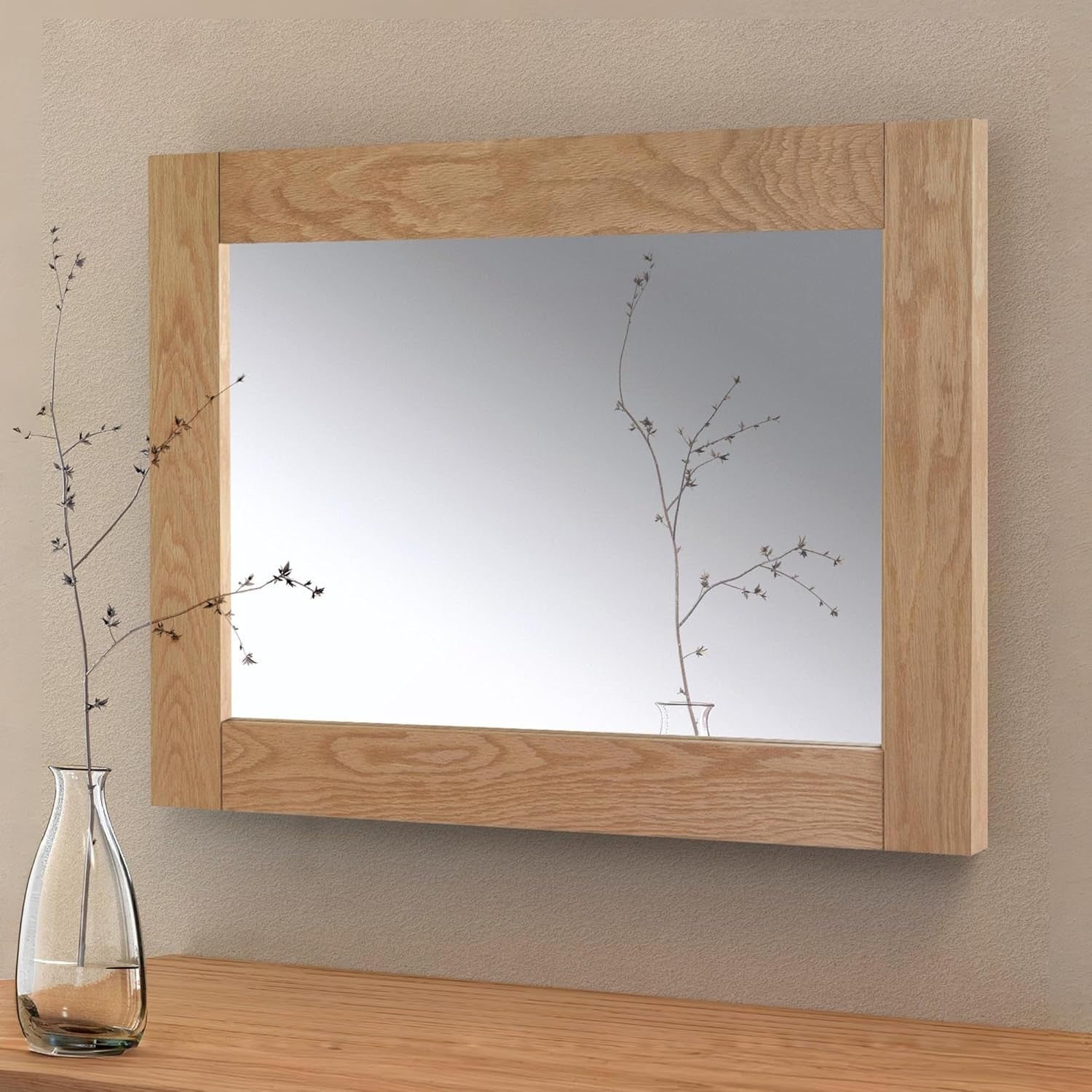 Large Oak Wall Mirror Rectangular 100x70cm Solid Wood Bedroom Hallway