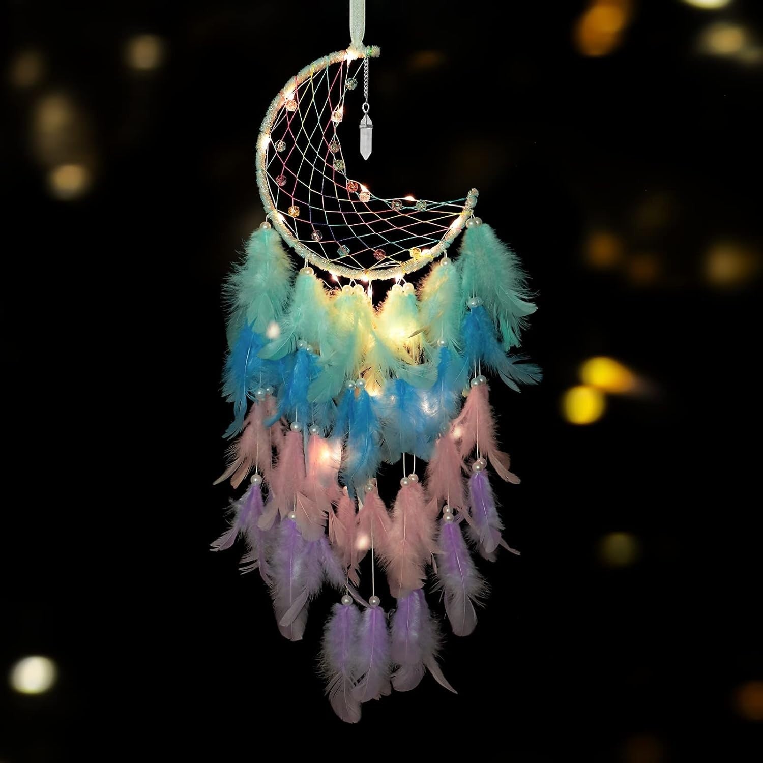 Boho Moon Dream Catcher Rainbow Feathers Fairy Lights Wall Decor