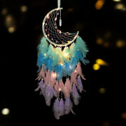 Boho Moon Dream Catcher Rainbow Feathers Fairy Lights Wall Decor
