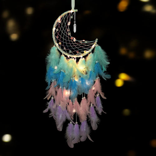 Boho Moon Dream Catcher Rainbow Feathers Fairy Lights Wall Decor
