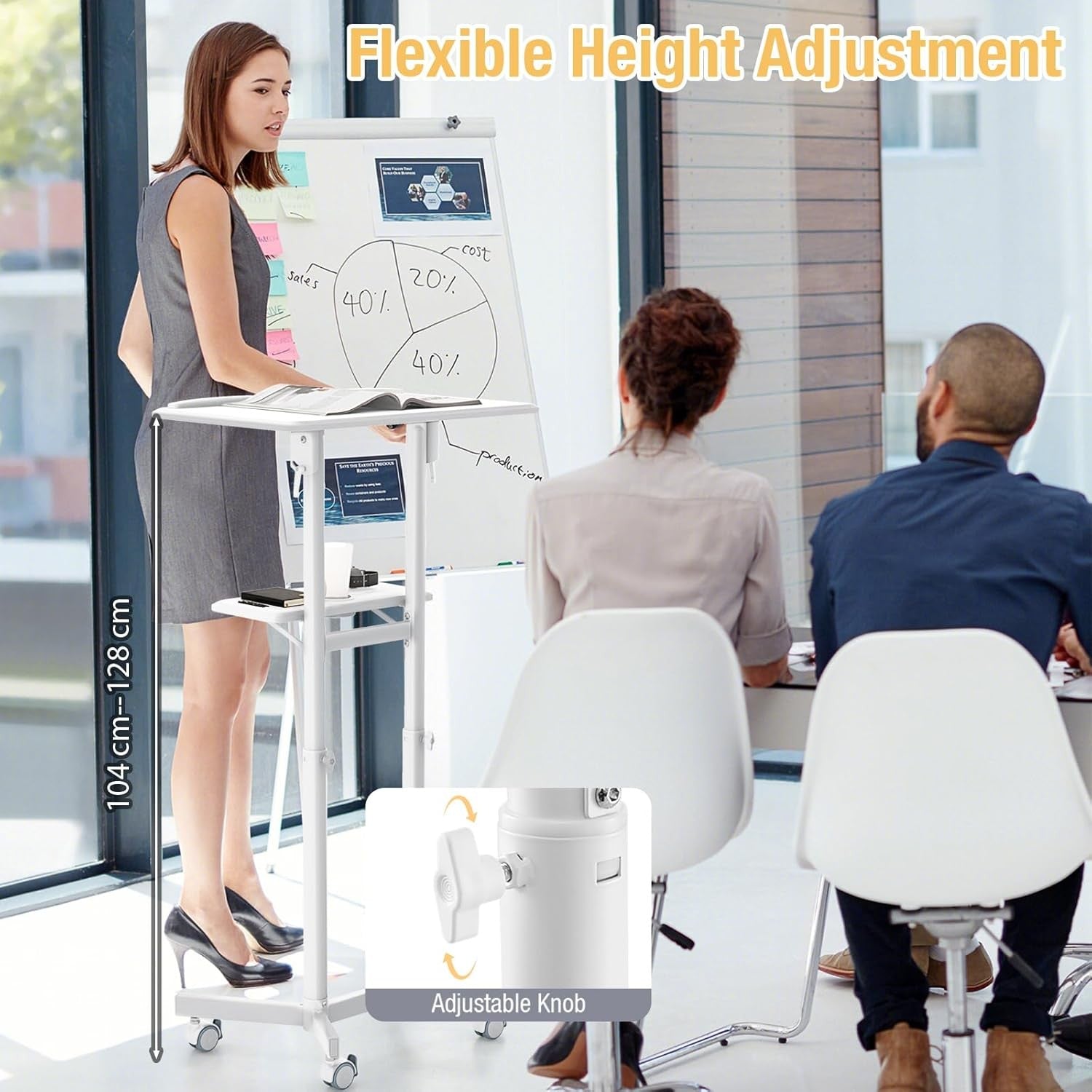 Mobile Lectern Height Adjustable Standing Podium Desk with Wheels Storage Shelf
