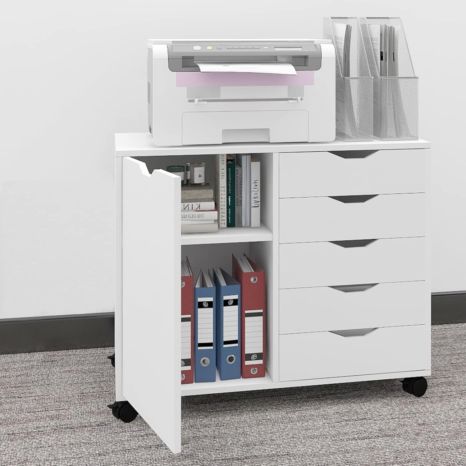 White Mobile 5 Drawer File Cabinet with Door Rolling Printer Stand