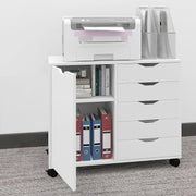 White Mobile 5 Drawer File Cabinet with Door Rolling Printer Stand