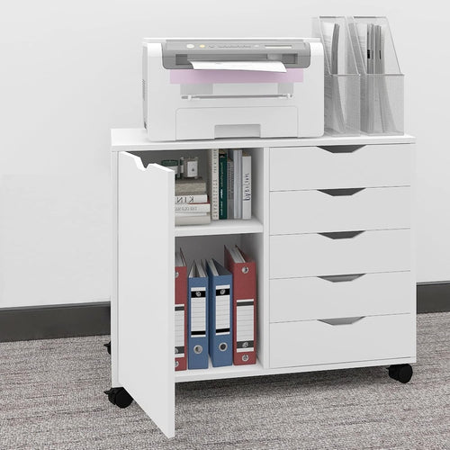 White Mobile 5 Drawer File Cabinet with Door Rolling Printer Stand