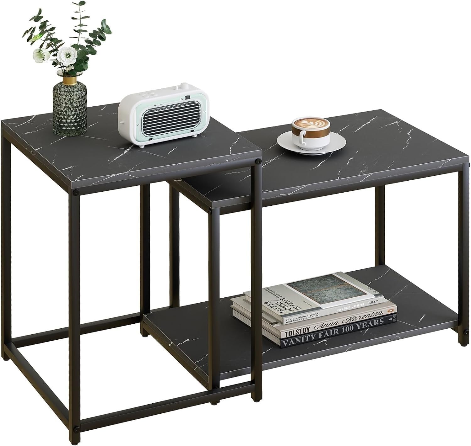 Nesting Coffee Table Set of 2 Modern Black Metal Frame Living Room Furniture