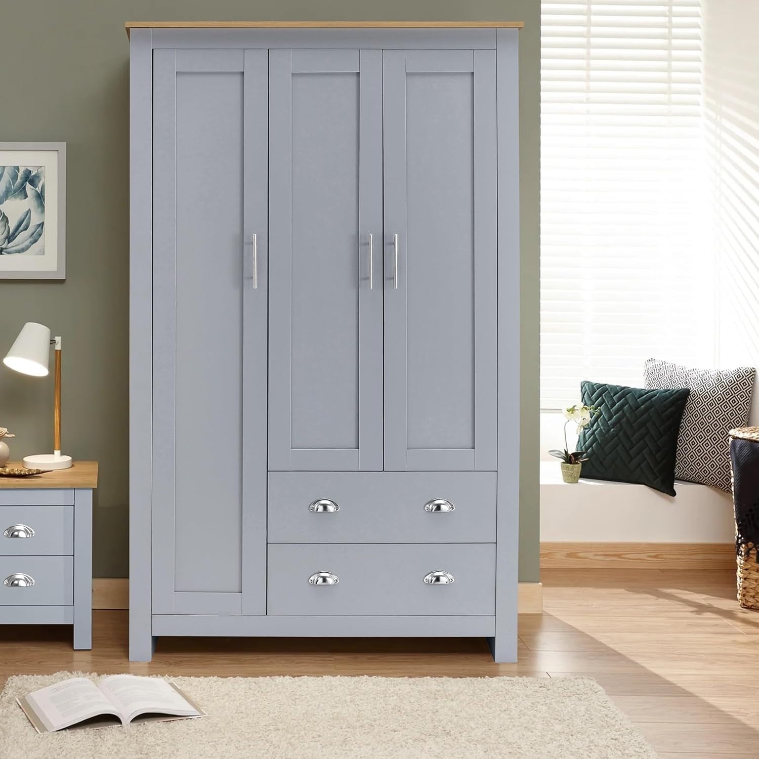 3 Door 2 Drawer Wardrobe Grey Oak Modern MDF Storage With Hanging Rail