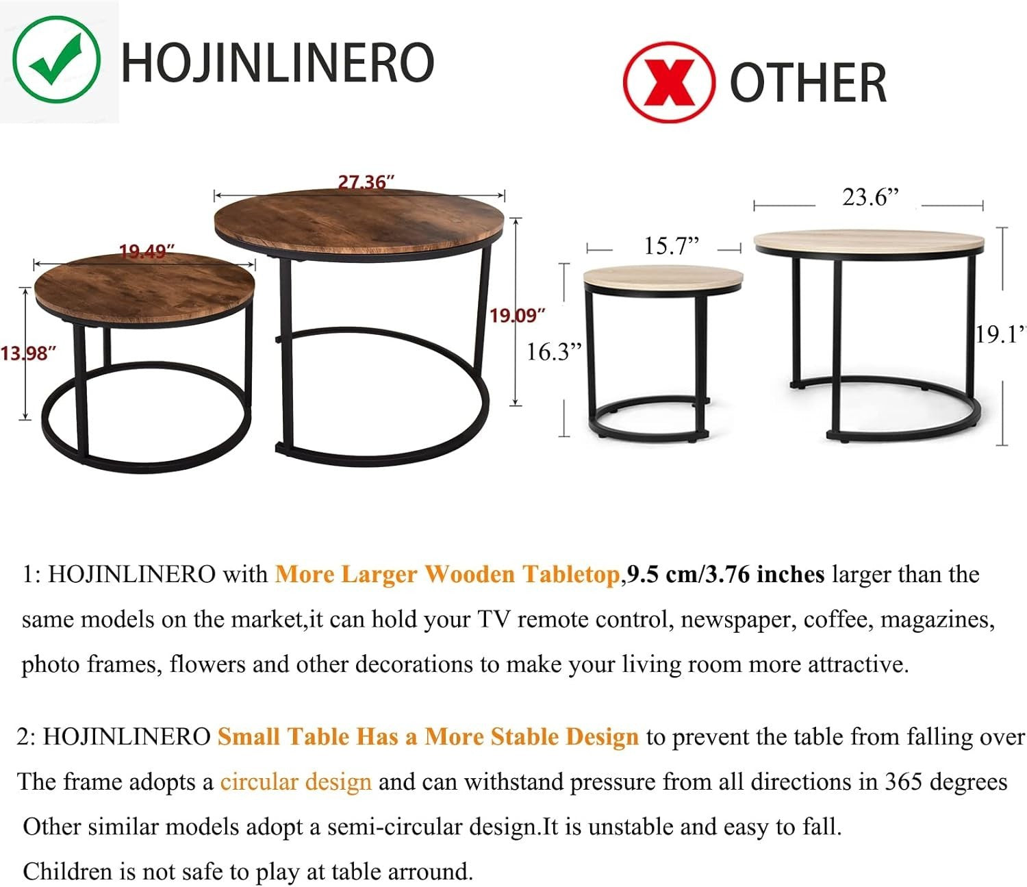Nesting Coffee Table Set of 2 Modern Round Side End Tables Walnut Brown Wood